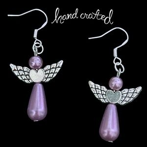 Hand Crafted Earrings 3-D Articulating Angel Lavender Pearl Silver Plate Wires